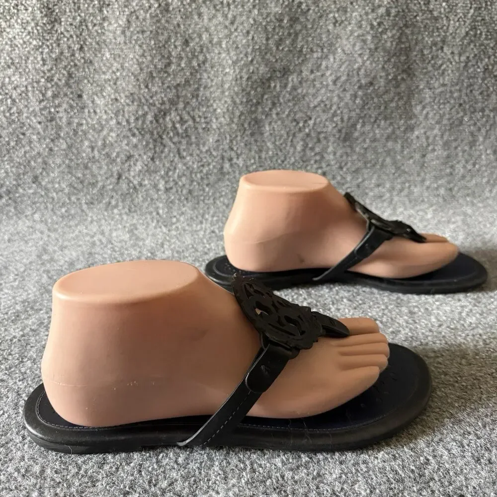 Tory Burch Miller Scalloped Blue Black Thong Sandals Slip-On Flat Cut-Out 10 M